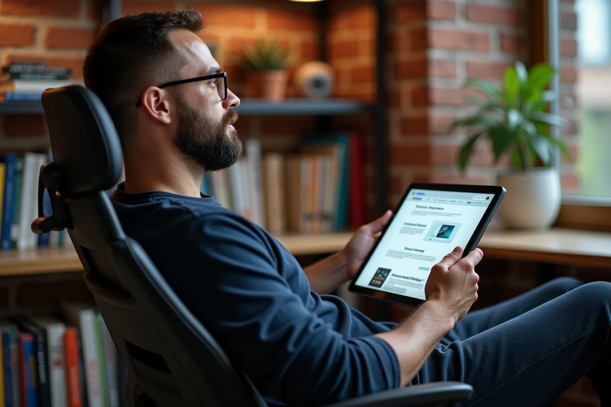 Un développeur web évalue l'ergonomie d'un site web sur une tablette dans un bureau à domicile