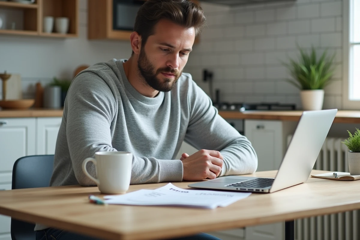 Homme consultant un tableur et des fiches de paie à domicile pour estimer une prestation en nature salariale