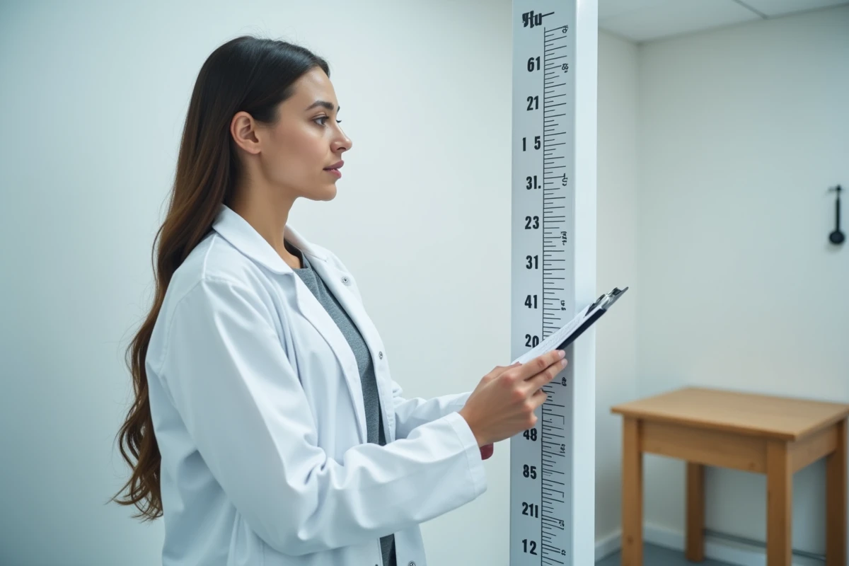 Chercheuse en blouse blanche mesurant la taille d'un patient dans un contexte d'étude statistique sur la taille moyenne mondiale