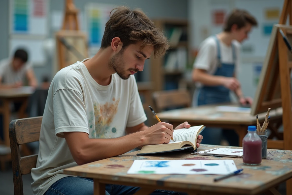 Étudiant en art consultant un livre sur les ingrédients et la composition chimique de la peinture dans un atelier universitaire