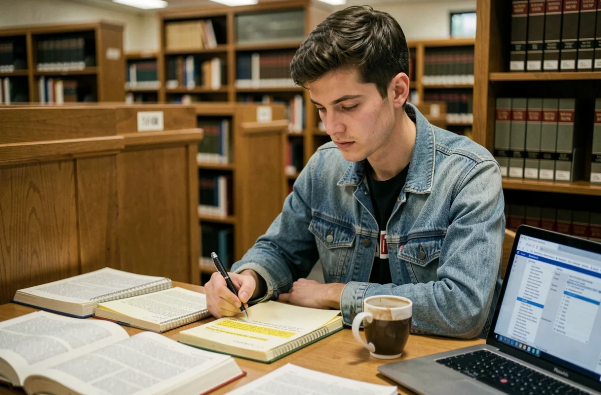 Étudiant en droit étudiant la notion de caducité du contrat dans un manuel juridique à la bibliothèque universitaire