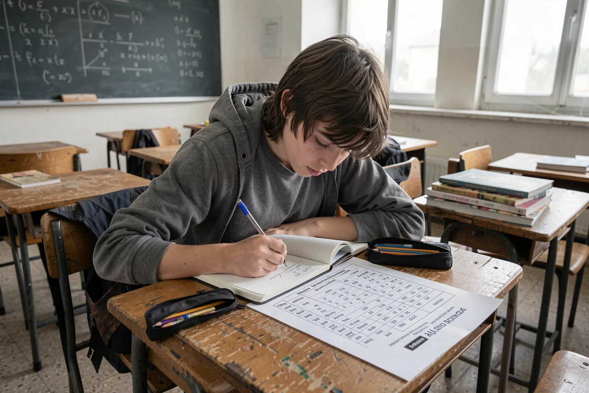 Étudiant au bureau consultant une fiche de référence sur les unités de masse et la conversion des kilogrammes