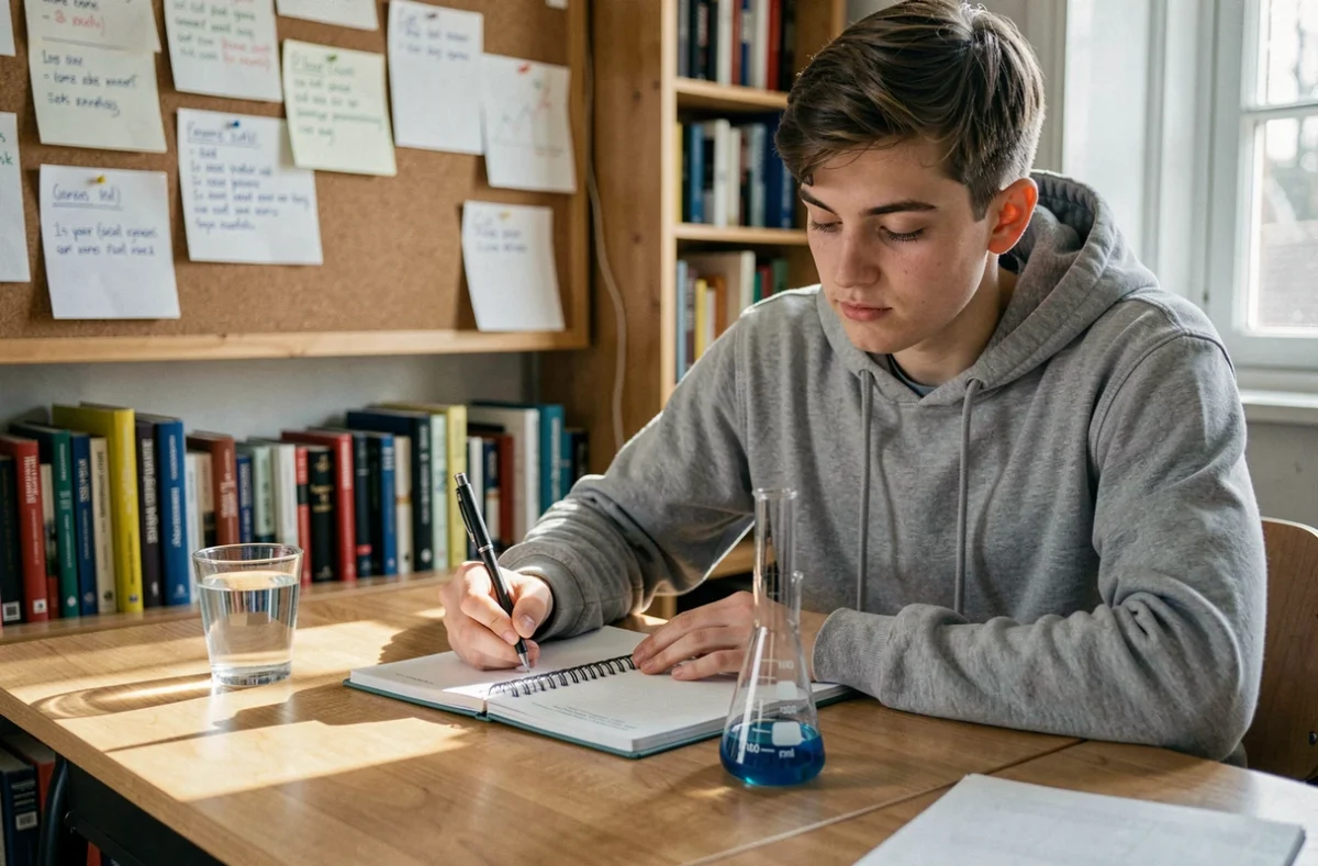 Étudiant prenant des notes sur la conversion de 80 ml en litres avec un cylindre gradué posé sur son bureau