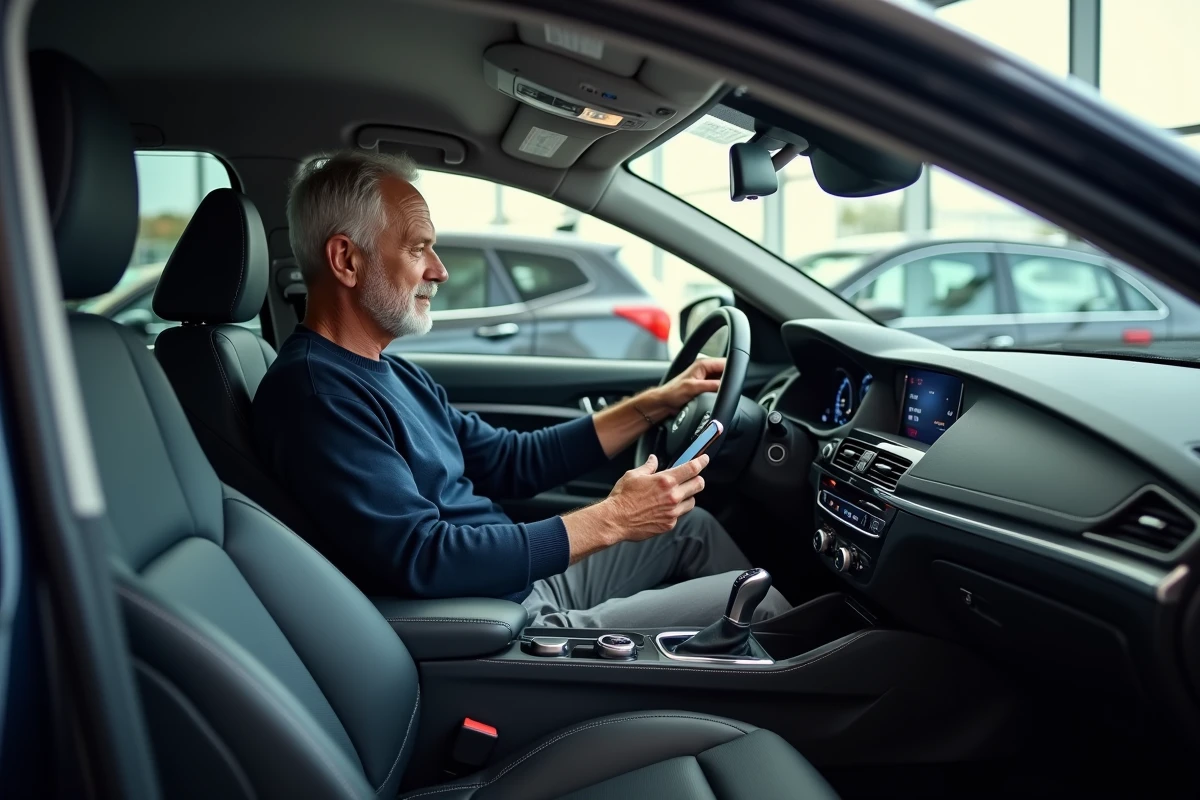 Homme évaluant l'intérieur d'une voiture d'occasion dans une salle d'exposition automobile