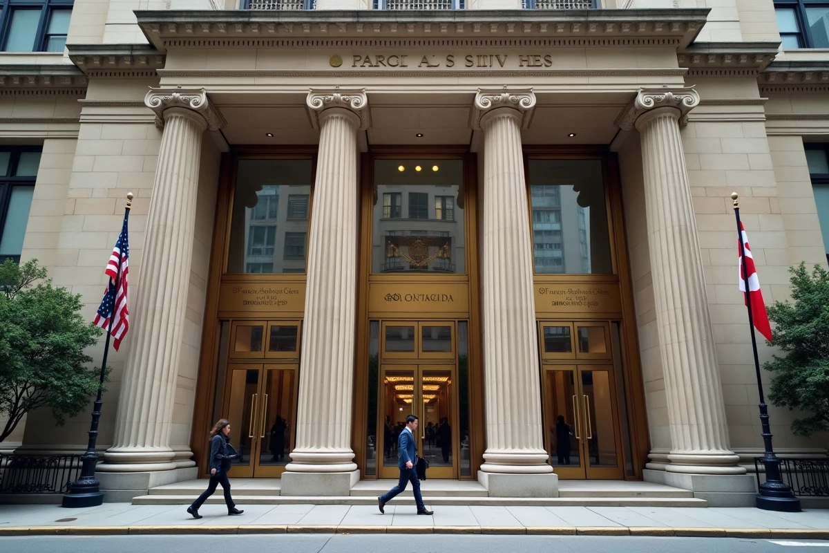 Façade imposante d'un grand siège de banque internationale dans un quartier financier mondial