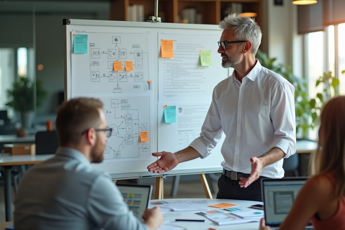 Entrepreneur présentant une stratégie en entreprise, illustrant le facteur de production capital humain et organisation