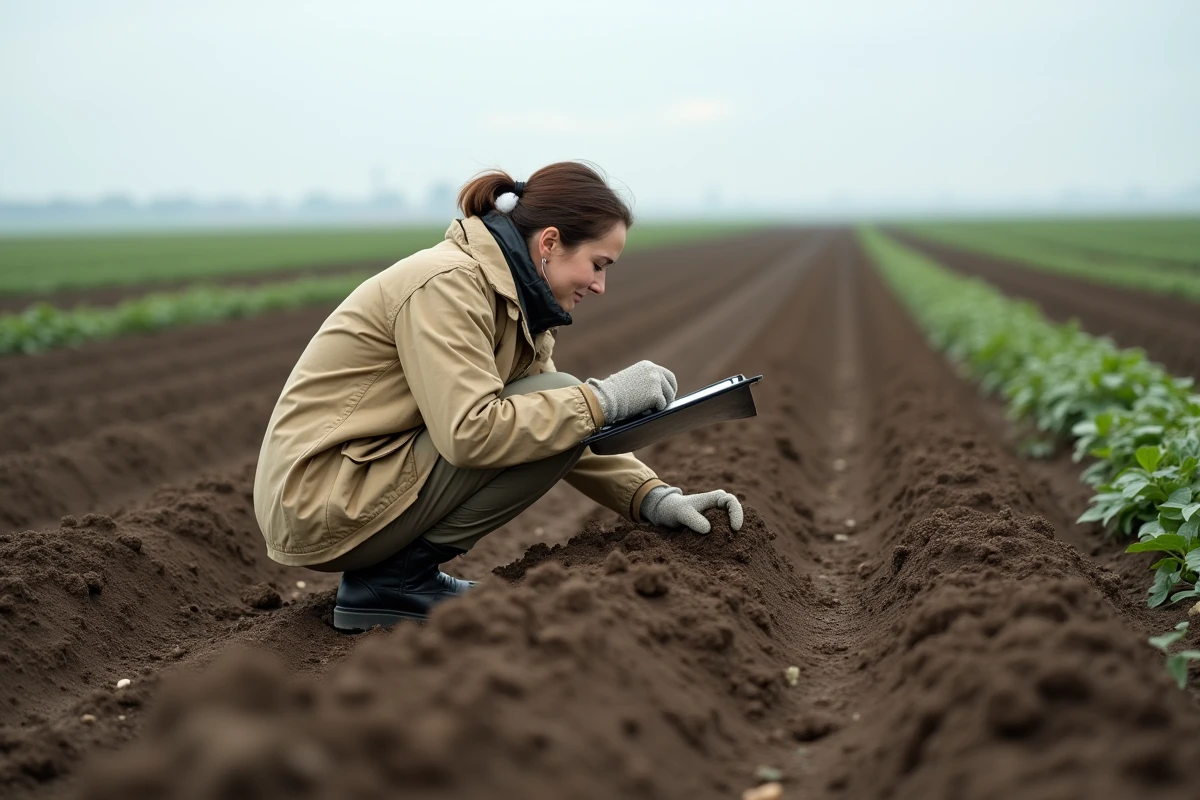 Agronome analysant la terre agricole, représentant le facteur de production naturel ou terre dans l'économie