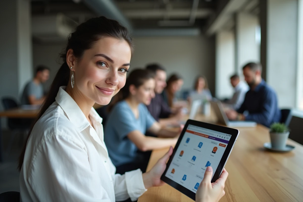 Femme comparant des solutions alternatives à Fourtoutici sur une tablette dans un espace de coworking