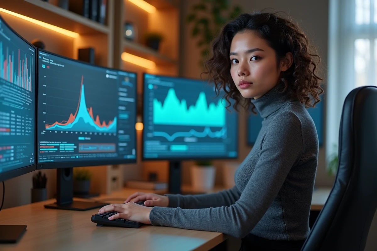 Jeune femme analysant des données sur plusieurs écrans courbes dans un bureau high-tech à domicile