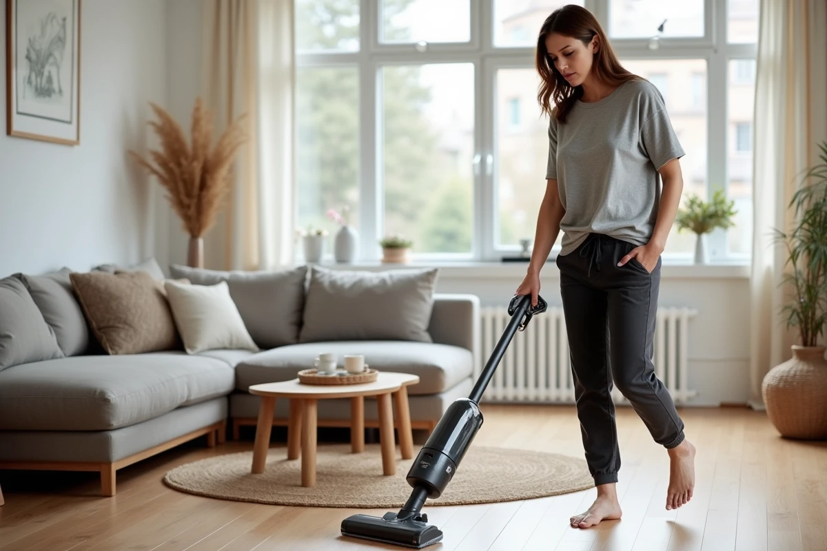 Femme utilisant un aspirateur laveur sans fil sur parquet dans un salon scandinave