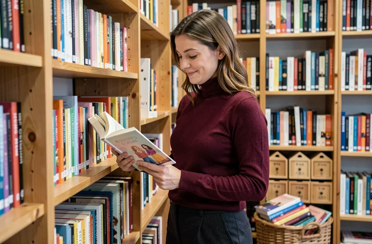 Femme choisissant un roman Hugo New Romance dans une bibliothèque avec des boîtes de calendrier de l'Avent décoratives en arrière-plan