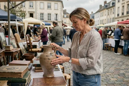 Femme chinant une poterie ancienne sur un vide-grenier en plein air dans le département des Yvelines