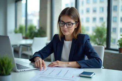 Femme professionnelle utilisant Excel pour convertir des heures en centièmes sur un ordinateur portable au bureau