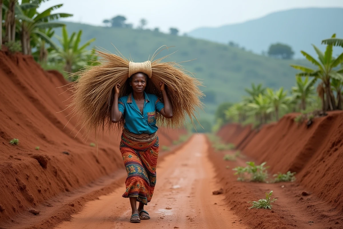 Femme burundaise transportant une récolte de sorgho sur un chemin boueux entouré de ravines d'érosion au Burundi