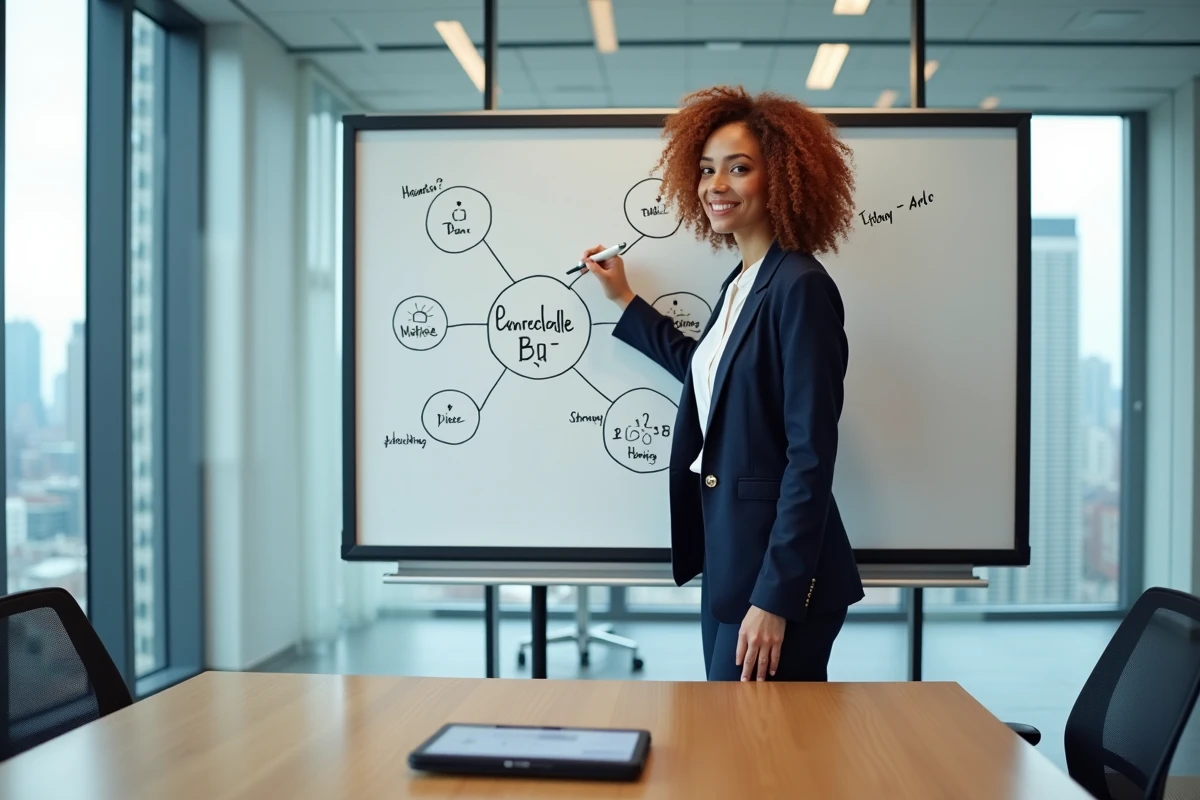 Femme cadre dessinant une carte mentale sur un tableau blanc face à des données générées par intelligence artificielle, illustrant la complémentarité entre humain et machine