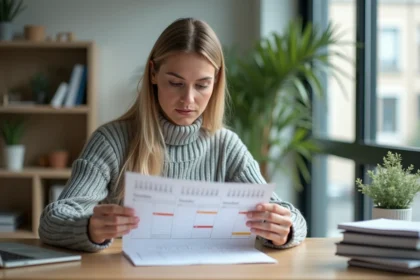 Femme analysant un calendrier tableur avec numéros de semaines impaires sur un bureau en bois