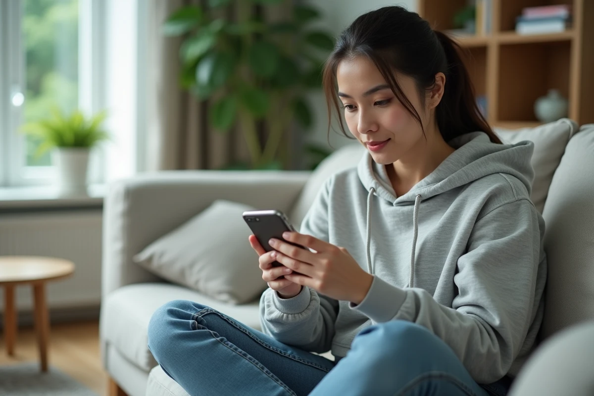 Femme jouant à la coinche gratuitement sur smartphone dans un salon moderne