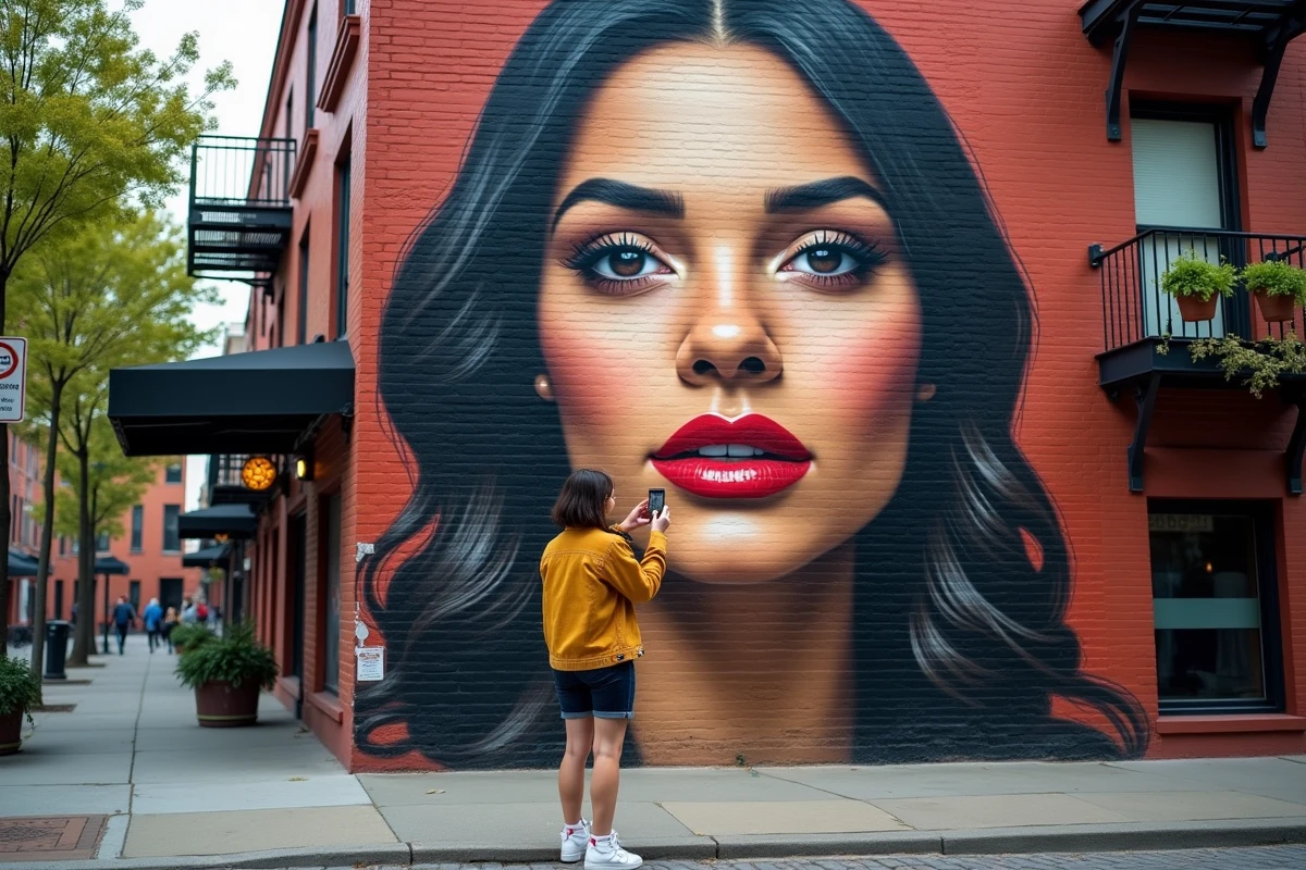Jeune femme admirant une grande fresque de street art photoréaliste sur un bâtiment en briques dans un quartier réhabilité