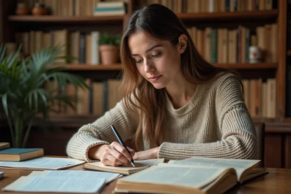 Femme consultant un dictionnaire français ouvert sur un bureau en bois avec des notes de vocabulaire pour améliorer ses résultats au Wordle