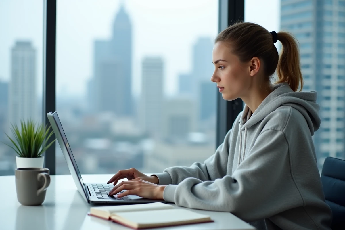 Jeune femme qui se forme seule en ligne avec un ordinateur portable et des notes manuscrites