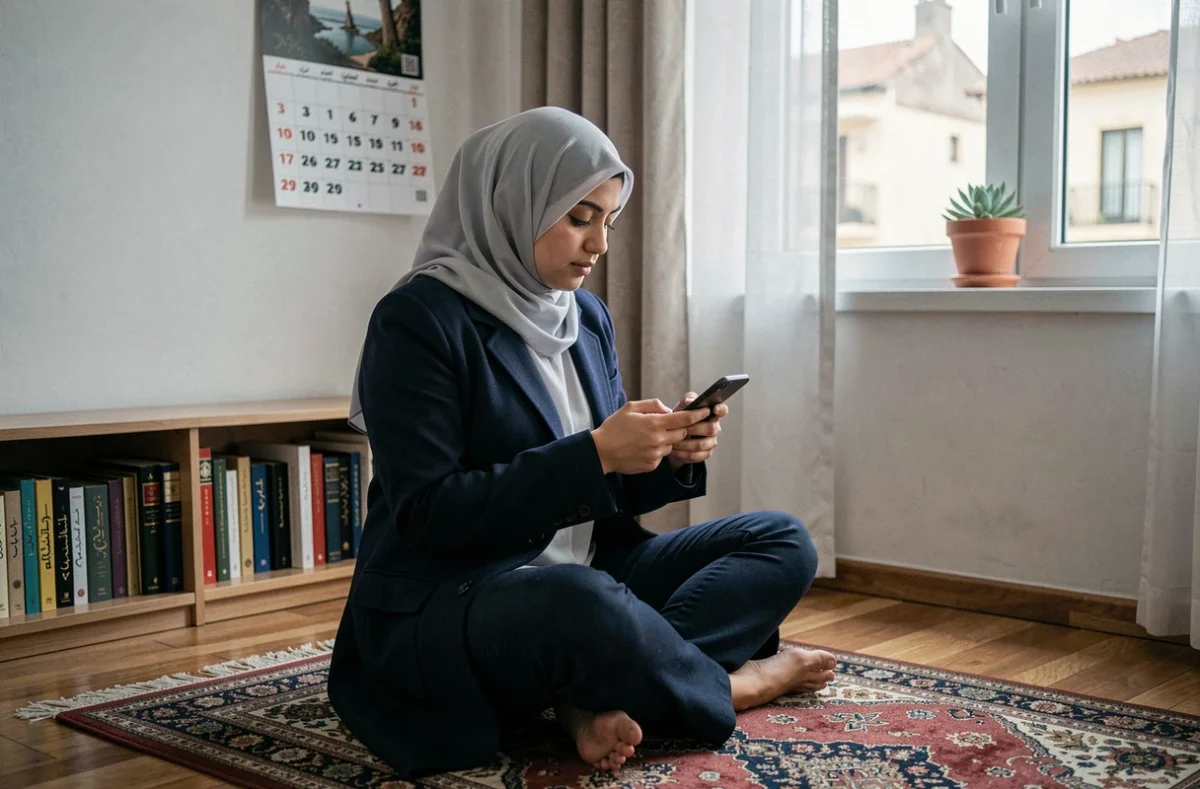 Jeune femme en hijab consultant les heures de salat sur smartphone devant un calendrier hégirien dans un intérieur à Valence
