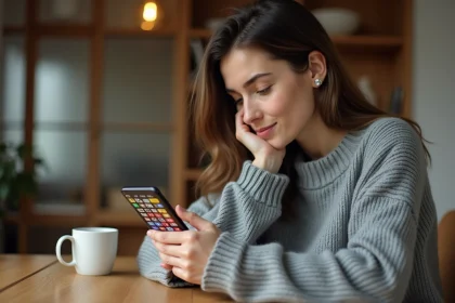 Femme jouant à un jeu de lettres type Wordle sur son smartphone à la cuisine, concentrée sur la grille colorée