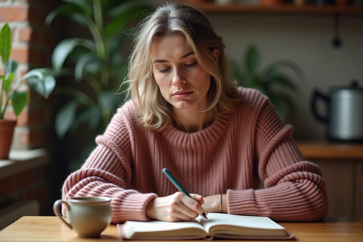 Femme écrivant dans un journal intime pour explorer et purifier son corps émotionnel lors d'une matinée calme