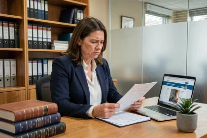 Femme juriste consultant un document juridique à son bureau entouré de livres de droit et d'un ordinateur affichant un site de ressources légales