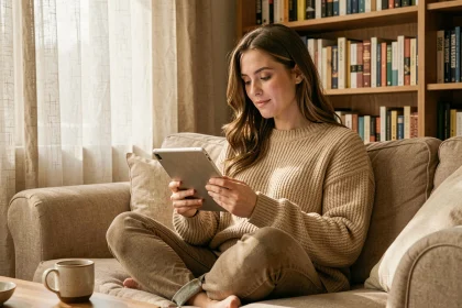 Femme lisant des ebooks en français sur une tablette confortablement installée dans son salon entouré de livres