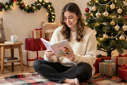 Jeune femme lisant un roman Hugo New Romance près d'un sapin de Noël décoré avec des cadeaux et une ambiance cosy d'hiver