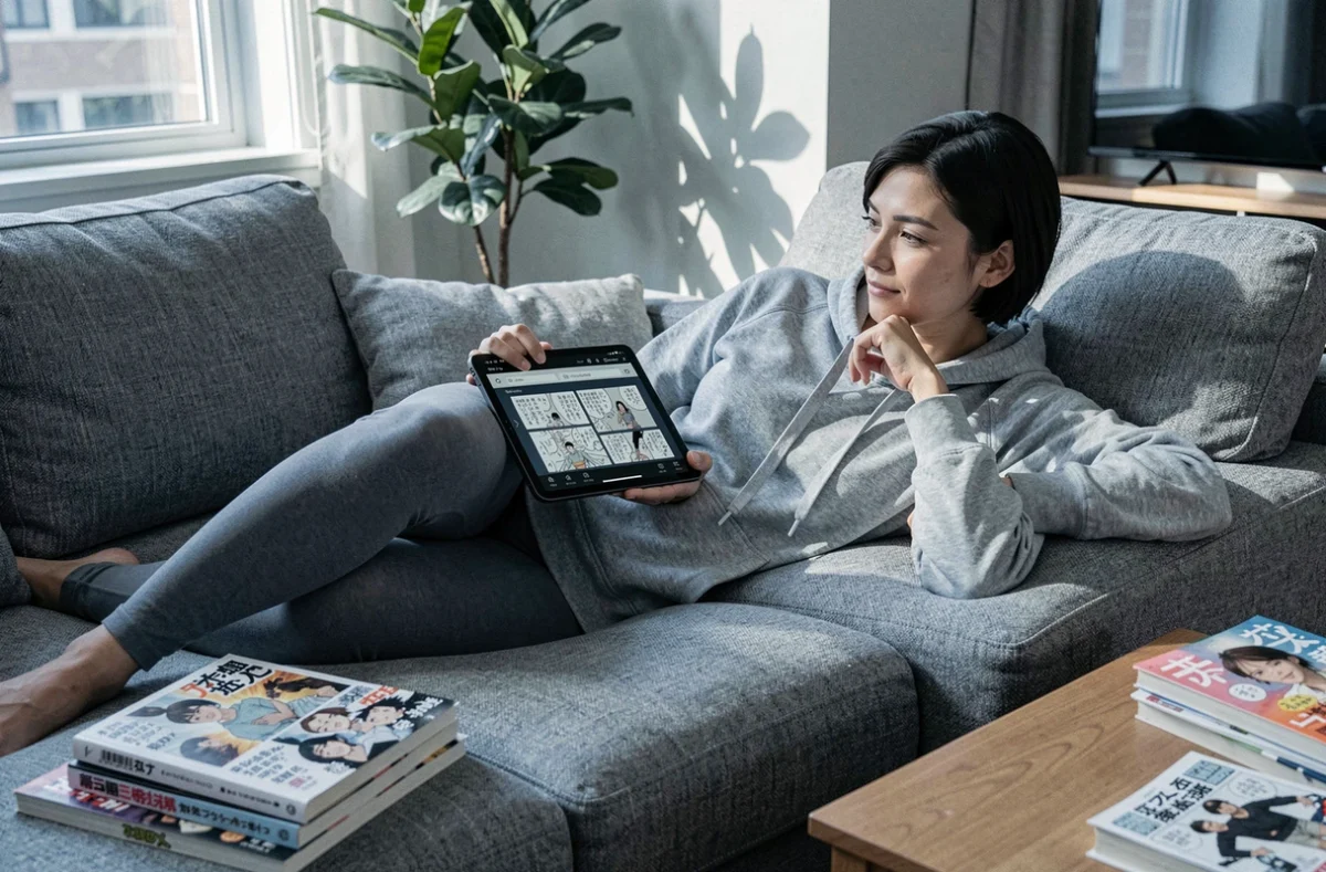 Jeune femme lisant des scans de manga sur une tablette allongée dans son salon moderne