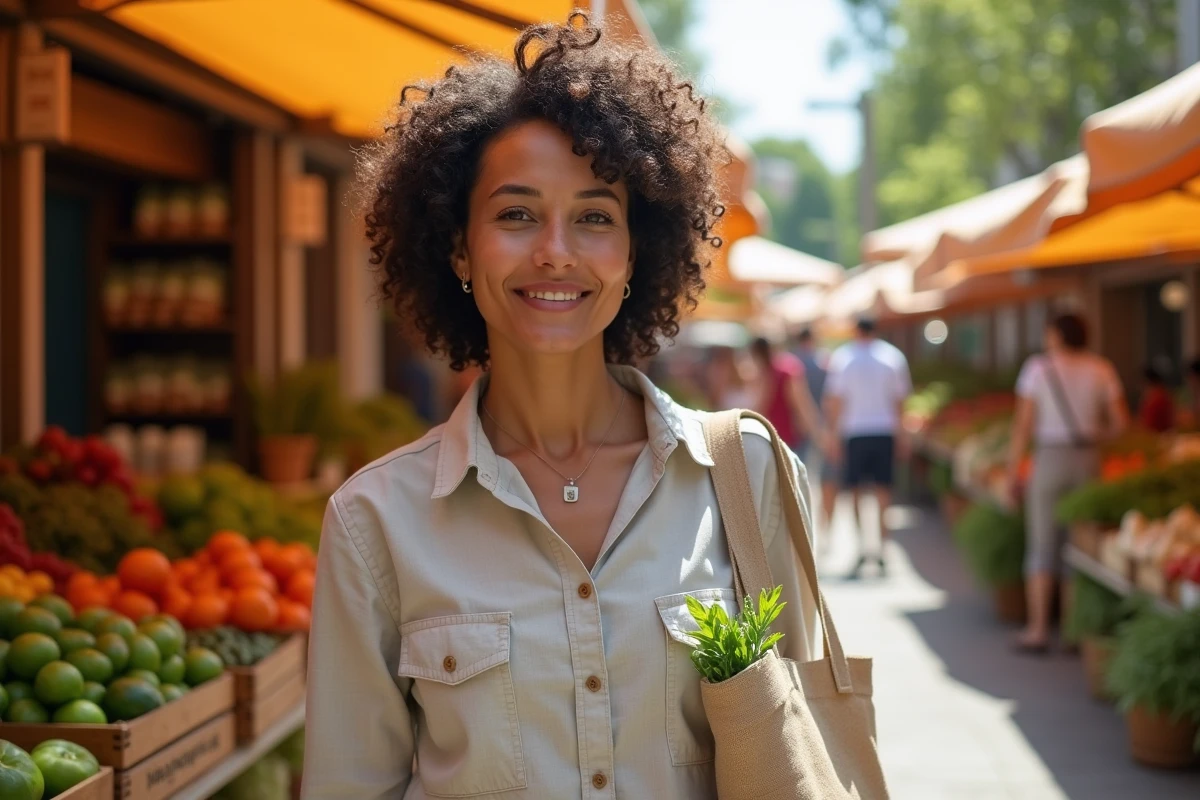 Femme dans un marché urbain illustrant les enjeux de consommation responsable et de développement local