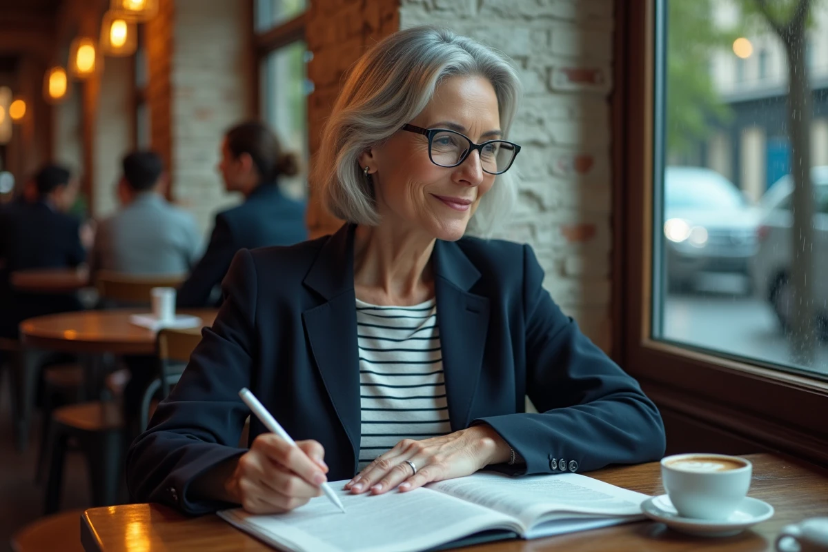 Femme mature étudiant seule dans un café avec des articles imprimés et un café espresso