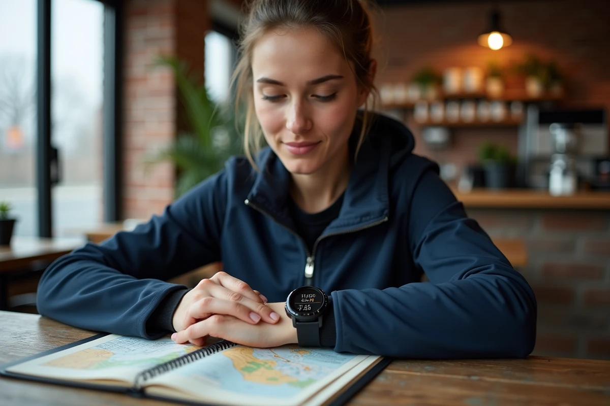 Femme consultant une montre GPS affichant des miles et des kilomètres avec une carte papier et des notes de conversion sur une table de café