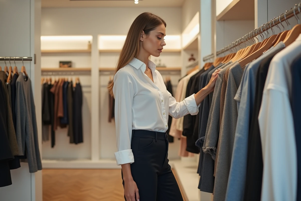 Femme en pantalon slim fit noir dans une boutique de mode contemporaine