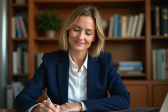 Femme rédigeant une lettre recommandée à son bureau avec stylo plume et documents officiels