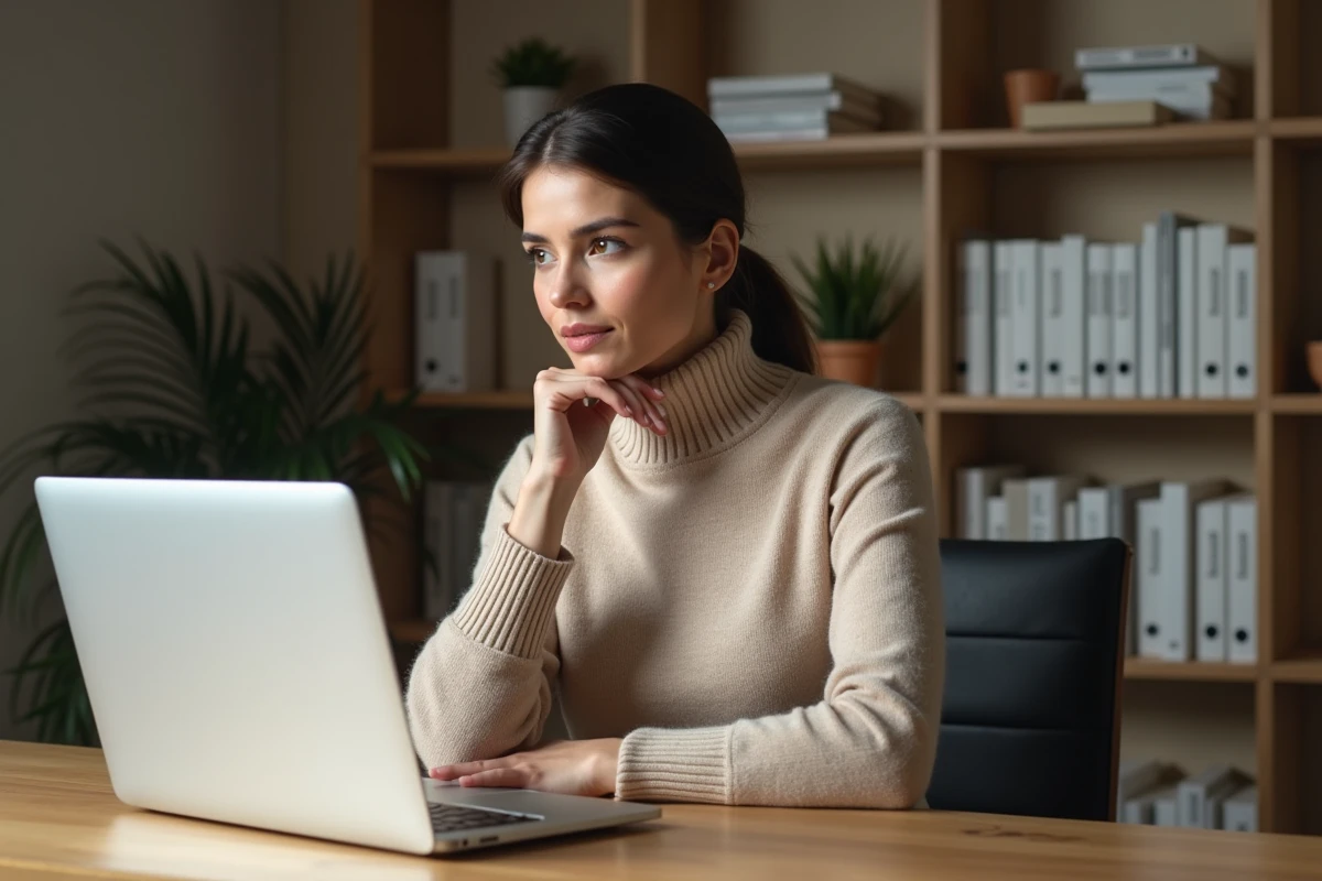Femme en télétravail réfléchissant à la rédaction d'un email de démission sur son ordinateur portable à domicile