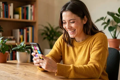 Femme riant devant un smiley anniversaire rigolo sur son smartphone dans un bureau cosy