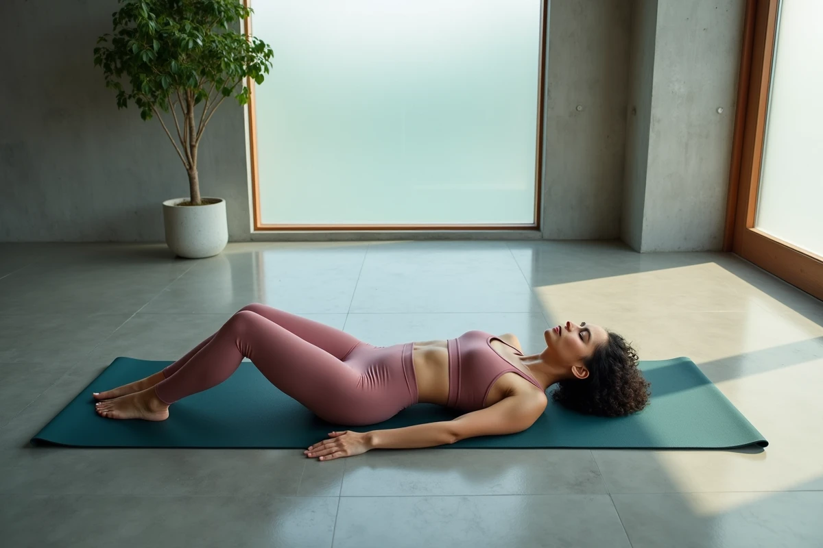 Jeune femme en posture de relaxation savasana sur un tapis de yoga dans un studio minimaliste, représentant la détente mentale et le bien-être apporté par le yoga