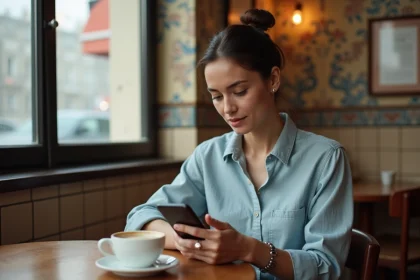 Femme seule dans un café parisien consultant un site de rencontre gratuit sur son smartphone