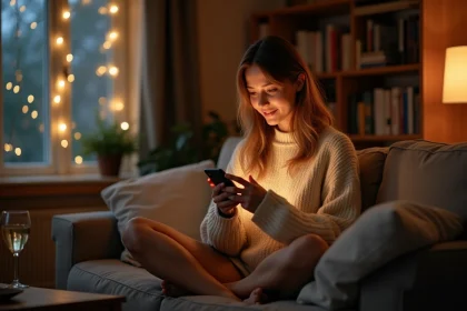 Femme envoyant un poème de nouvel an par SMS à minuit depuis son canapé