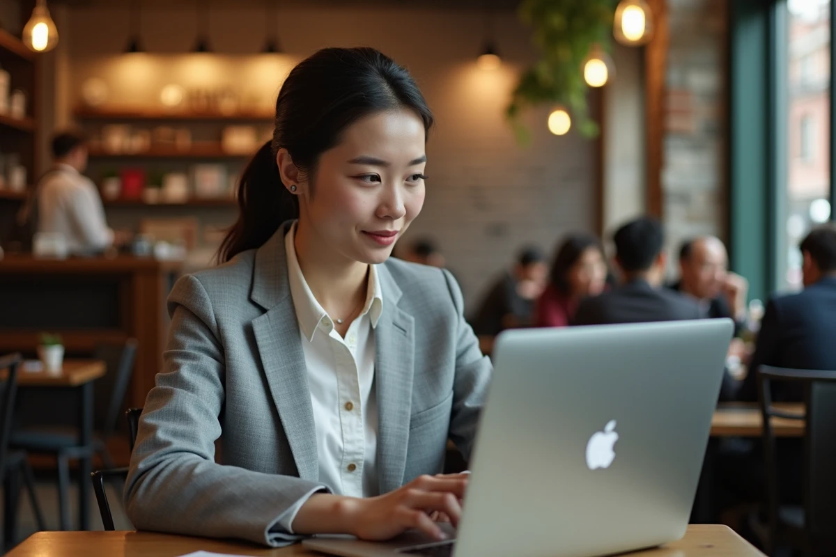 Femme travaillant sur un réseau Wi-Fi public dans un café avec une connexion VPN sécurisée pour protéger ses données personnelles