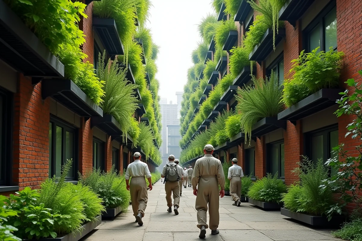 Ferme urbaine verticale intégrée à des bâtiments industriels reconvertis, vision de l'agriculture du futur proche en 2026