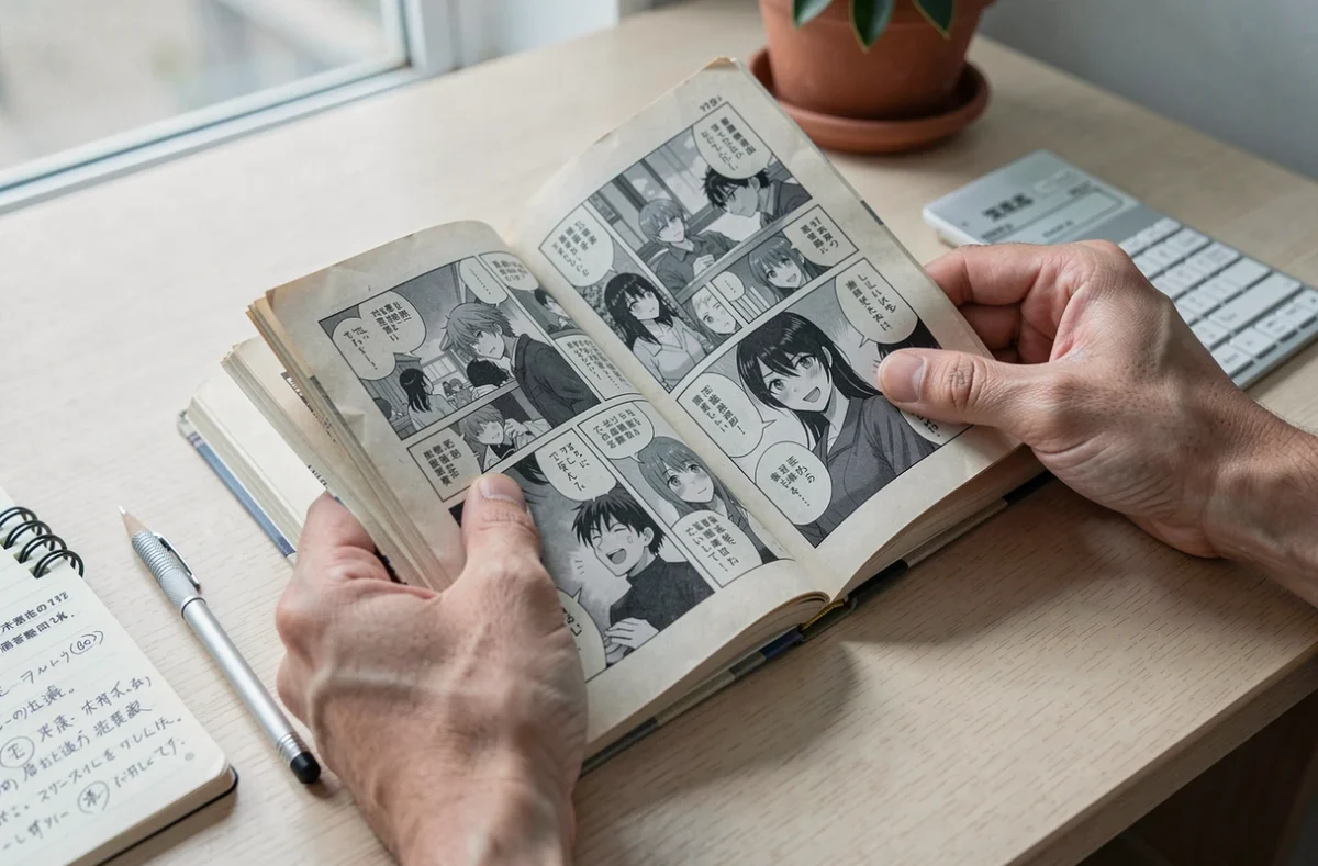Gros plan sur des mains feuilletant un tome de manga Naruto usé posé sur un bureau avec des notes manuscrites