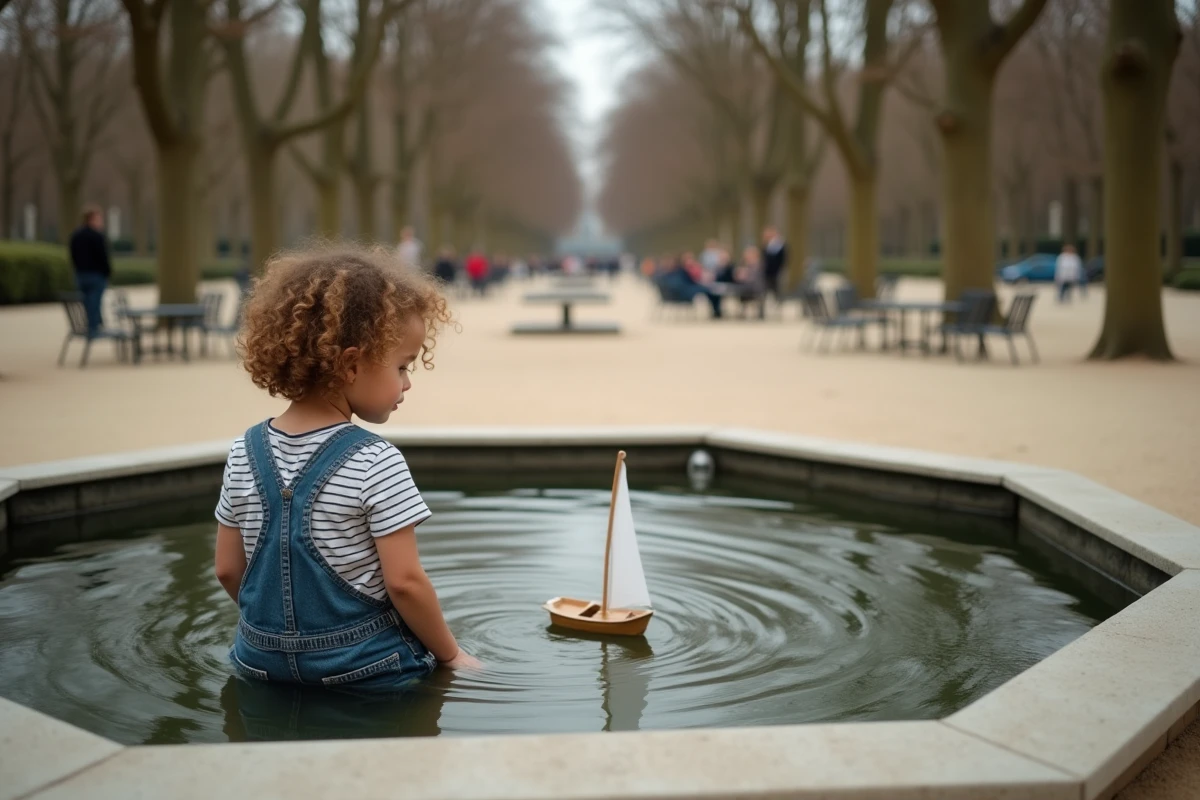 Petite fille faisant naviguer un bateau miniature sur le bassin d'un parc parisien typique
