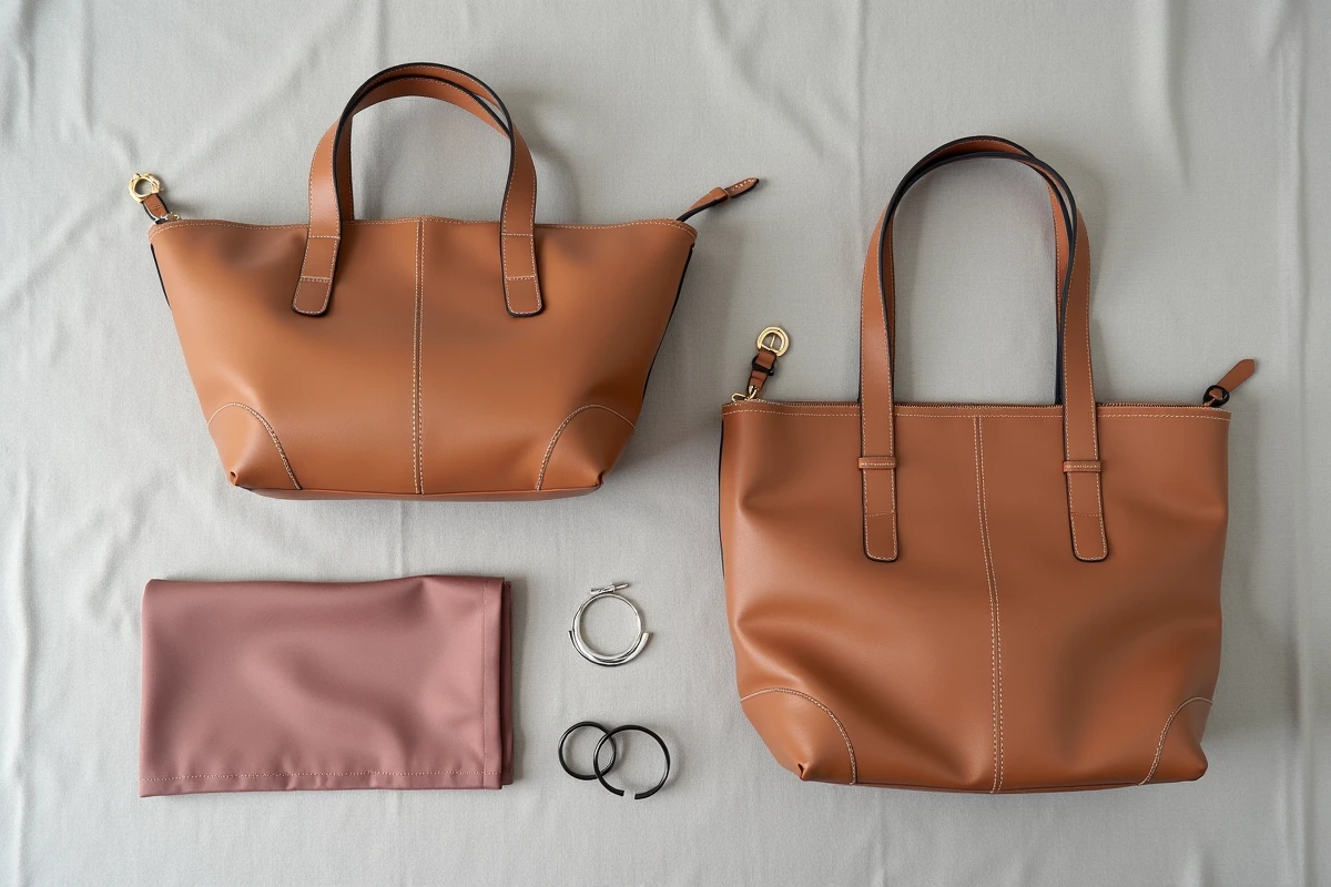 Flat lay d'accessoires de mode féminins sur fond en lin gris pour un article sur l'importance des accessoires