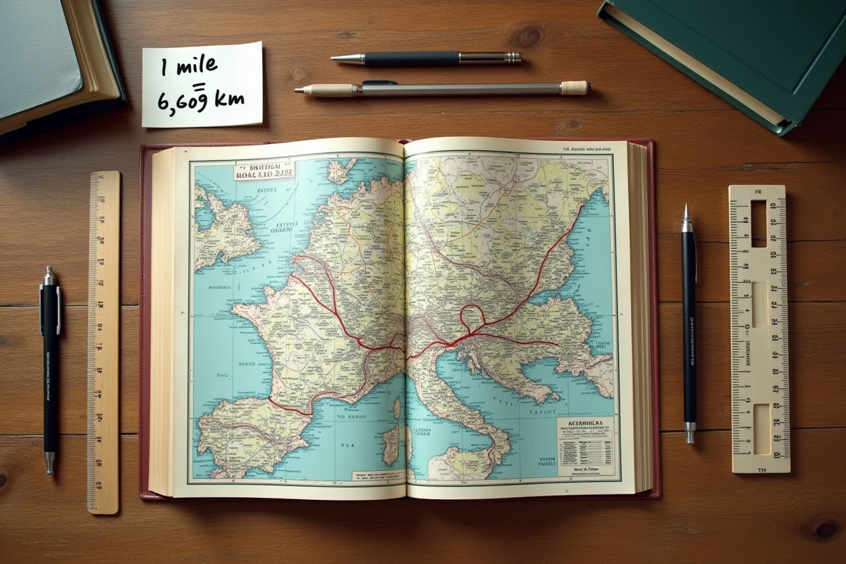 Vue aérienne d'un bureau avec un atlas routier, un guide américain et une fiche de conversion indiquant que 1 mile équivaut à 1,609 kilomètre