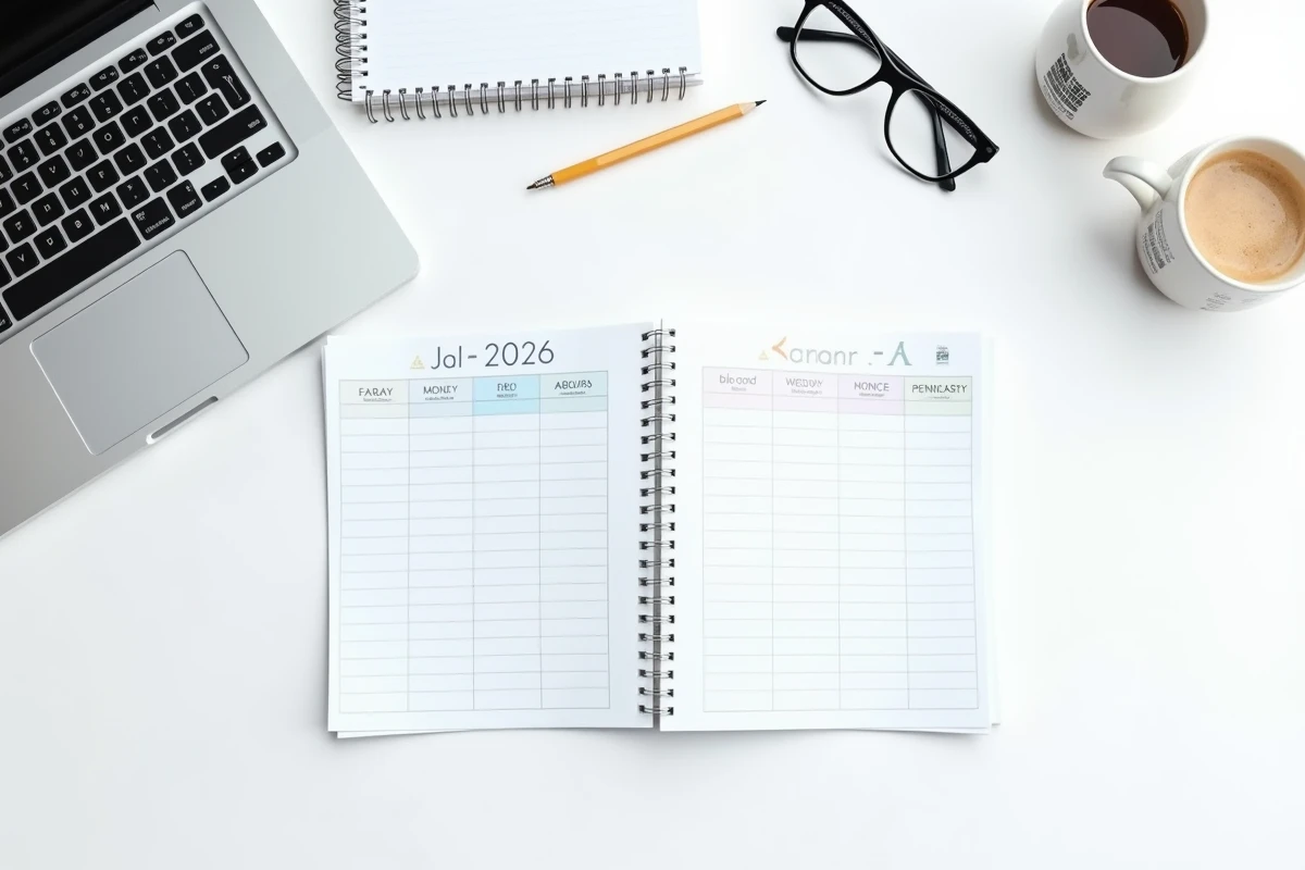 Vue de dessus d'un bureau avec un modèle Excel de calendrier semaines impaires 2026 et accessoires de bureau