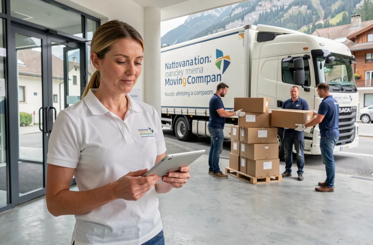 Coordinatrice du réseau France Déménagement supervisant un chargement de cartons depuis un camion de déménagement national à Annecy
