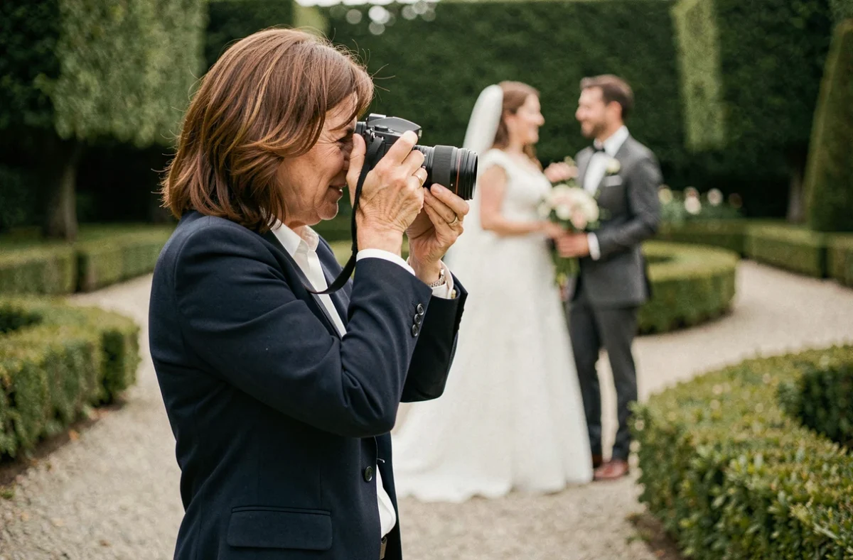 Photographe française en blazer marine capturant un couple dans un jardin formel breton – Frédérique Jouvin